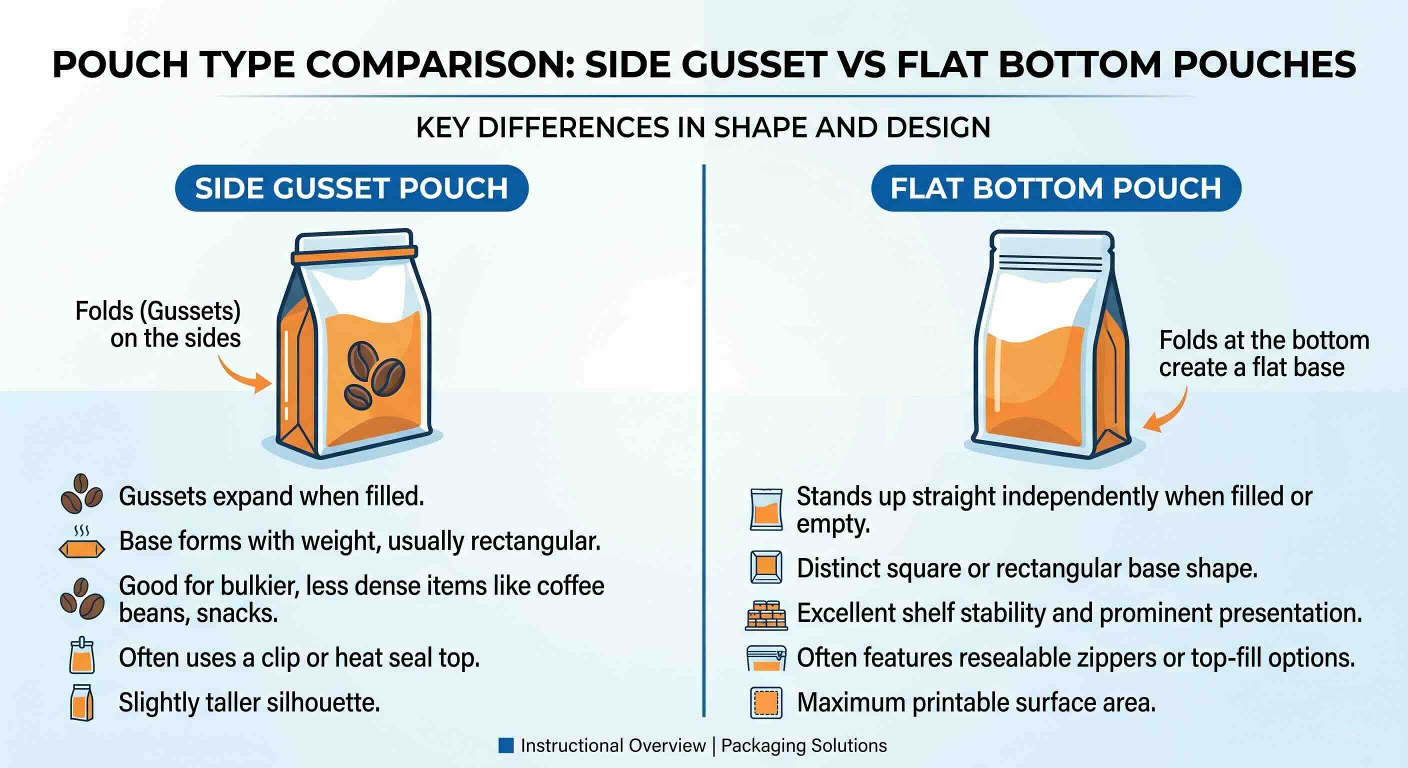 Side gusset vs flat bottom coffee bag comparison infographic showing structural differences, shelf stability, and packaging features for specialty coffee roasters