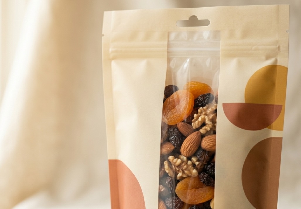 Flat bottom snack pouch with clear window panel showing trail mix product