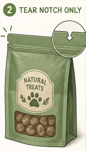 Flat bottom pouch with tear notch closure for clean opening