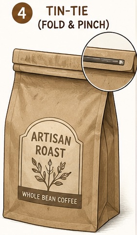 Flat bottom coffee pouch with tin-tie closure for traditional artisan roasters