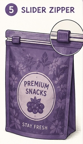 Flat bottom pouch with slider zipper for premium one-handed resealing