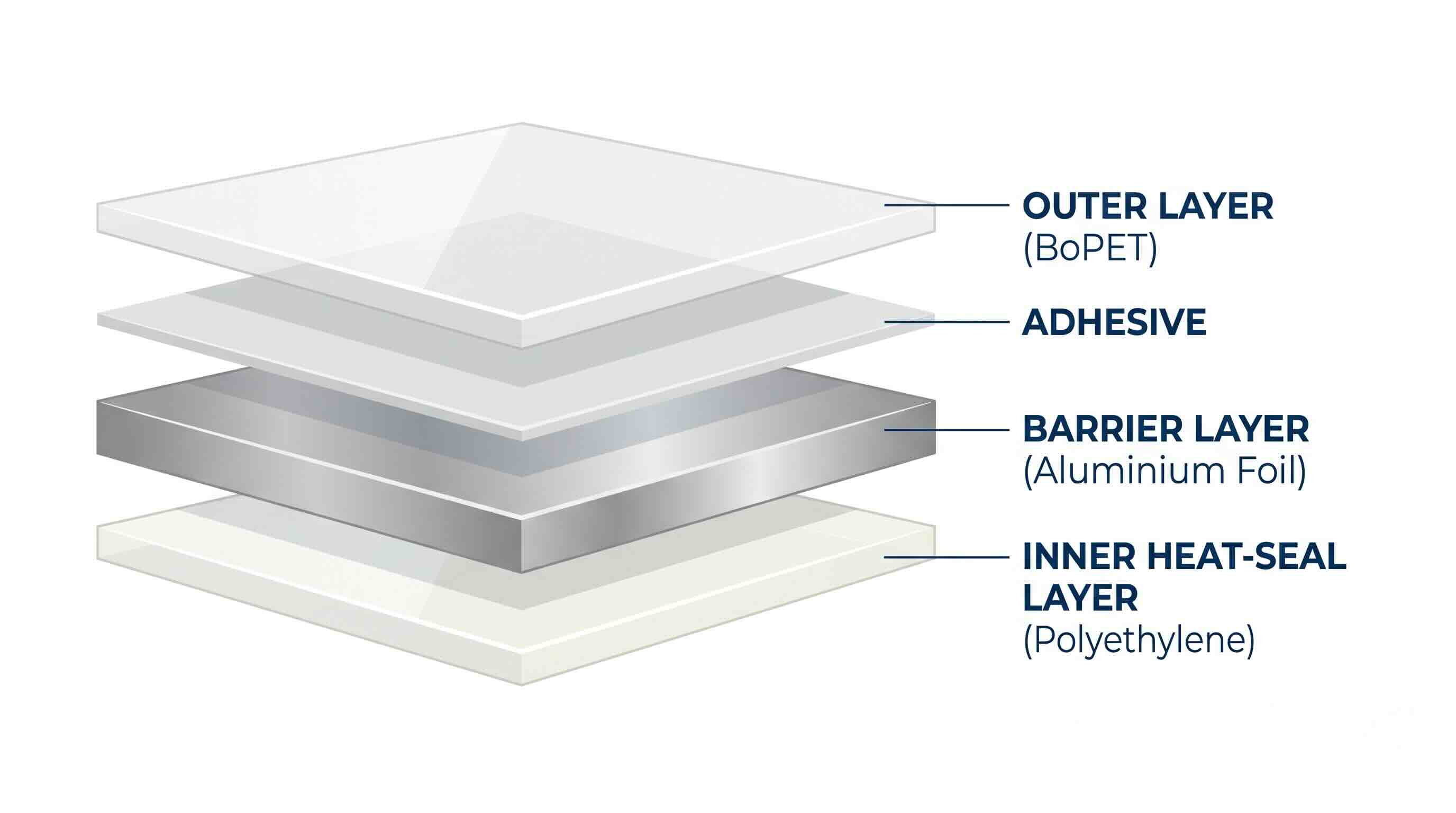 Cross-section diagram of a mylar bag laminate showing outer BoPET layer, adhesive, aluminium foil barrier layer, and inner heat-seal polyethylene layer