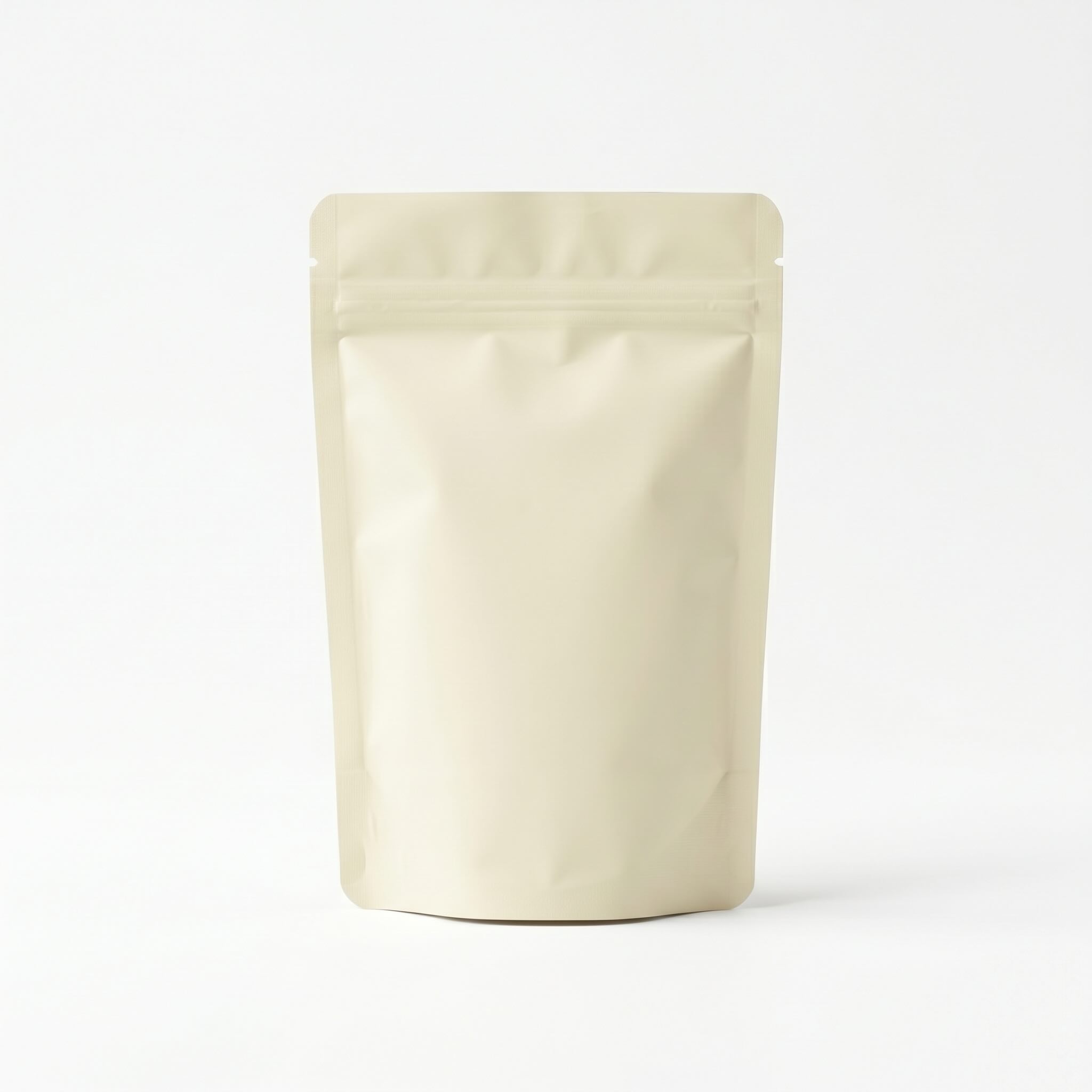 Cream colored stand up pouch with bottom gusset standing upright showing flexible packaging format