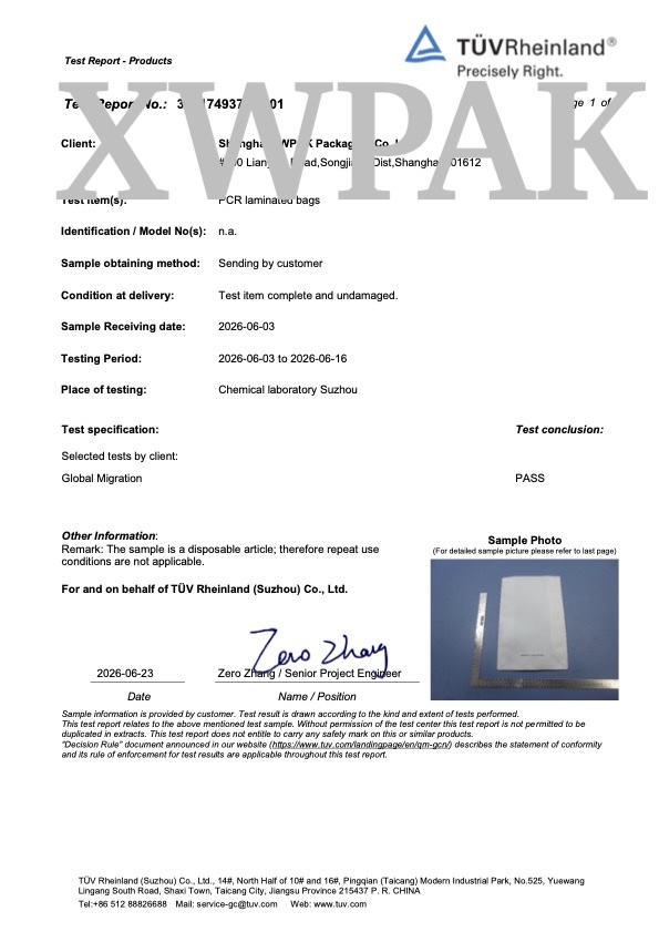 TUV Rheinland Global Migration Test Report 304174937a1 XWPAK PCR laminated bags EU 10/2011 Page 1