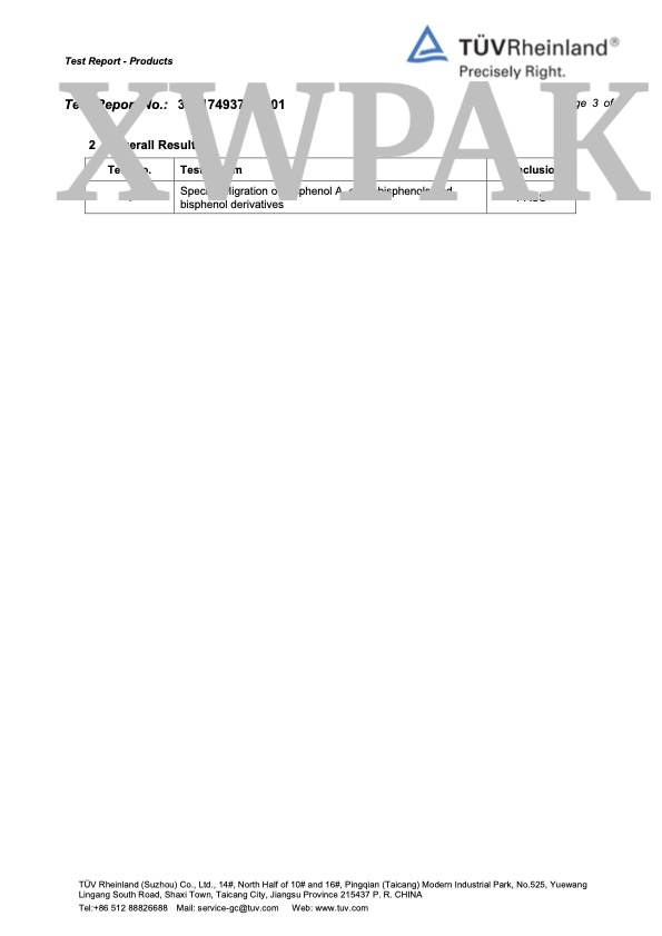 TUV Rheinland Bisphenols Test overall result PASS XWPAK PCR laminated bag Page 3