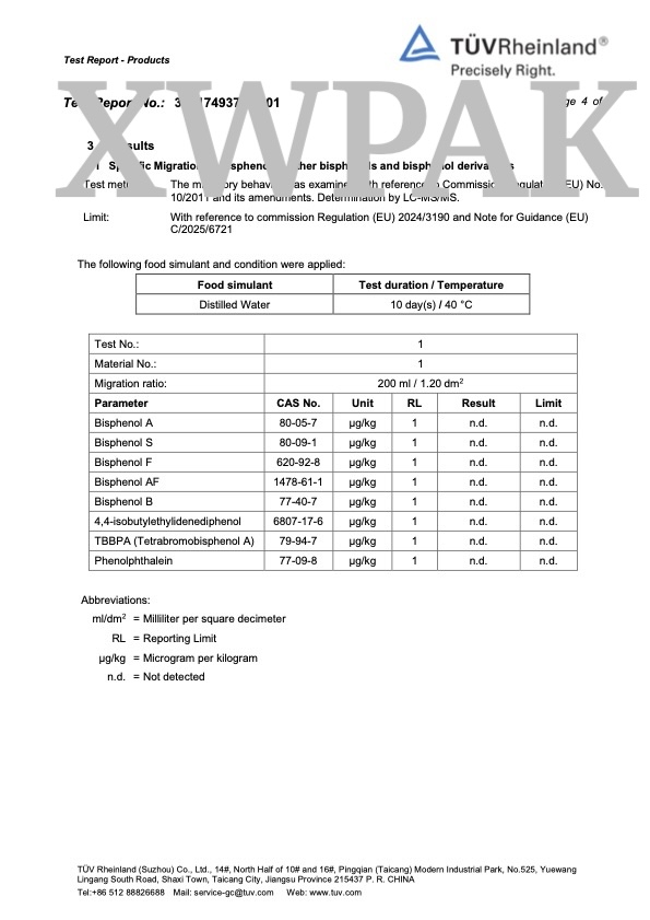 TUV Rheinland BPA Bisphenol S F AF B TBBPA Phenolphthalein not detected XWPAK LC-MS/MS Page 4