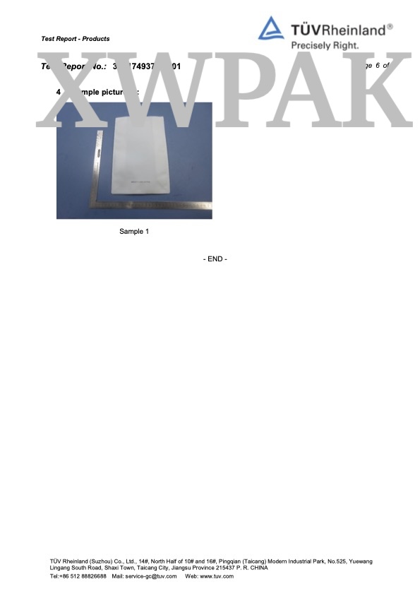 TUV Rheinland Heavy Metals Test sample photo XWPAK PCR laminated bag Page 6