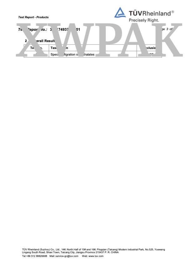 TUV Rheinland Phthalates Test overall result PASS XWPAK PCR laminated bag Page 3